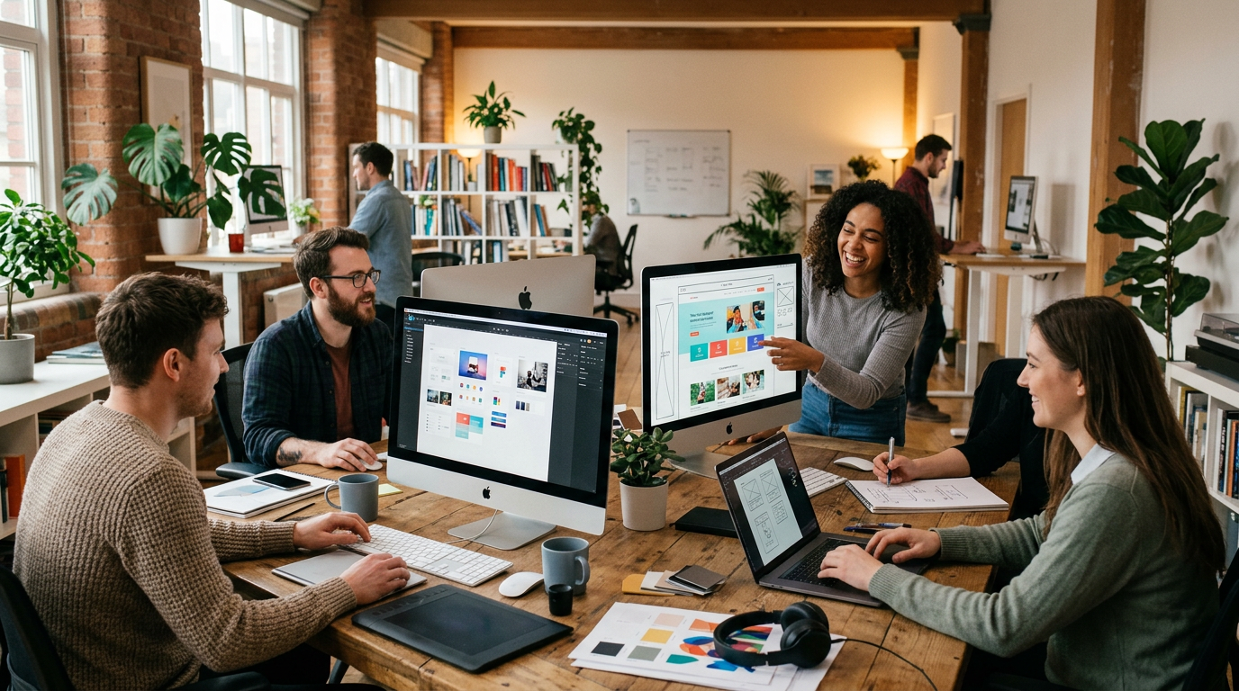 affordable web design: Professional affordable web design workspace with modern equipment and team coll | innovAIt Media