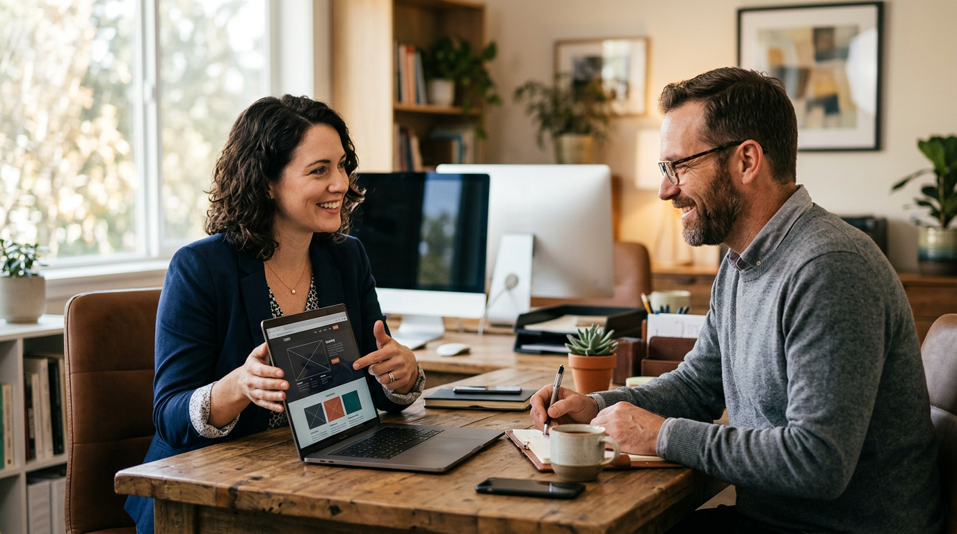 affordable web design: Expert affordable web design professional consulting with a client, warm office  | innovAIt Media