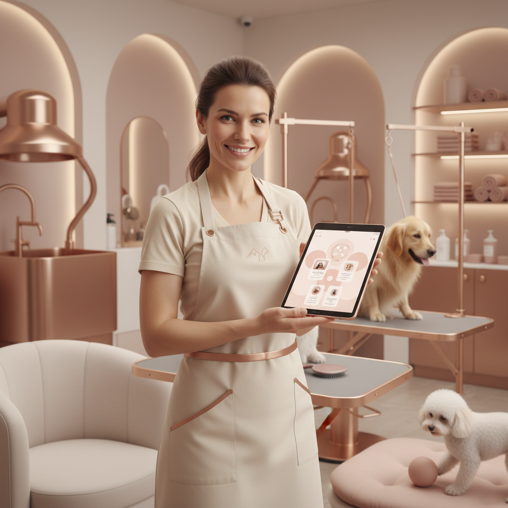 AI Customer Retention for Denver, CO Pet Grooming Salons AI Customer Retention for Denver, CO Pet Grooming Salons: Pet groomer with a tablet in an AI-powered salon, showing customer data | innovAIt Media