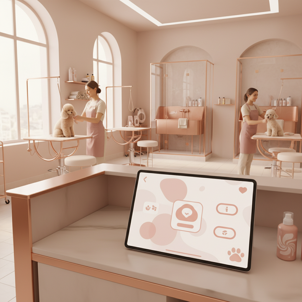 AI Customer Retention for Denver, CO Pet Grooming Salons AI Customer Retention for Denver, CO Pet Grooming Salons: A modern pet grooming salon interior, clean and brightly lit, with a tablet displaying an AI schedul | innovAIt Media