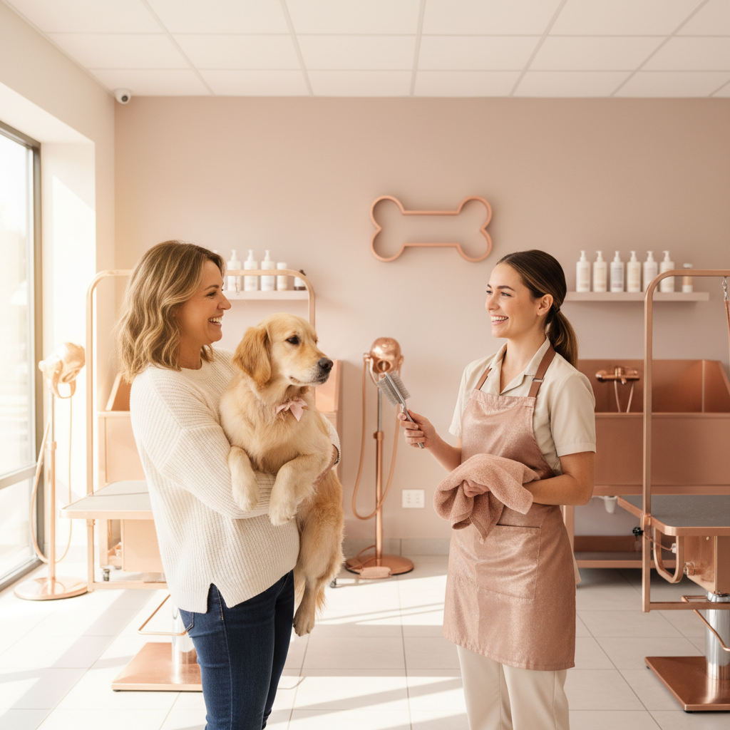 AI Customer Retention for Denver, CO Pet Grooming Salons AI Customer Retention for Denver, CO Pet Grooming Salons: A happy customer receiving their freshly groomed dog from a cheerful groomer in a bright, modern sal | innovAIt Media