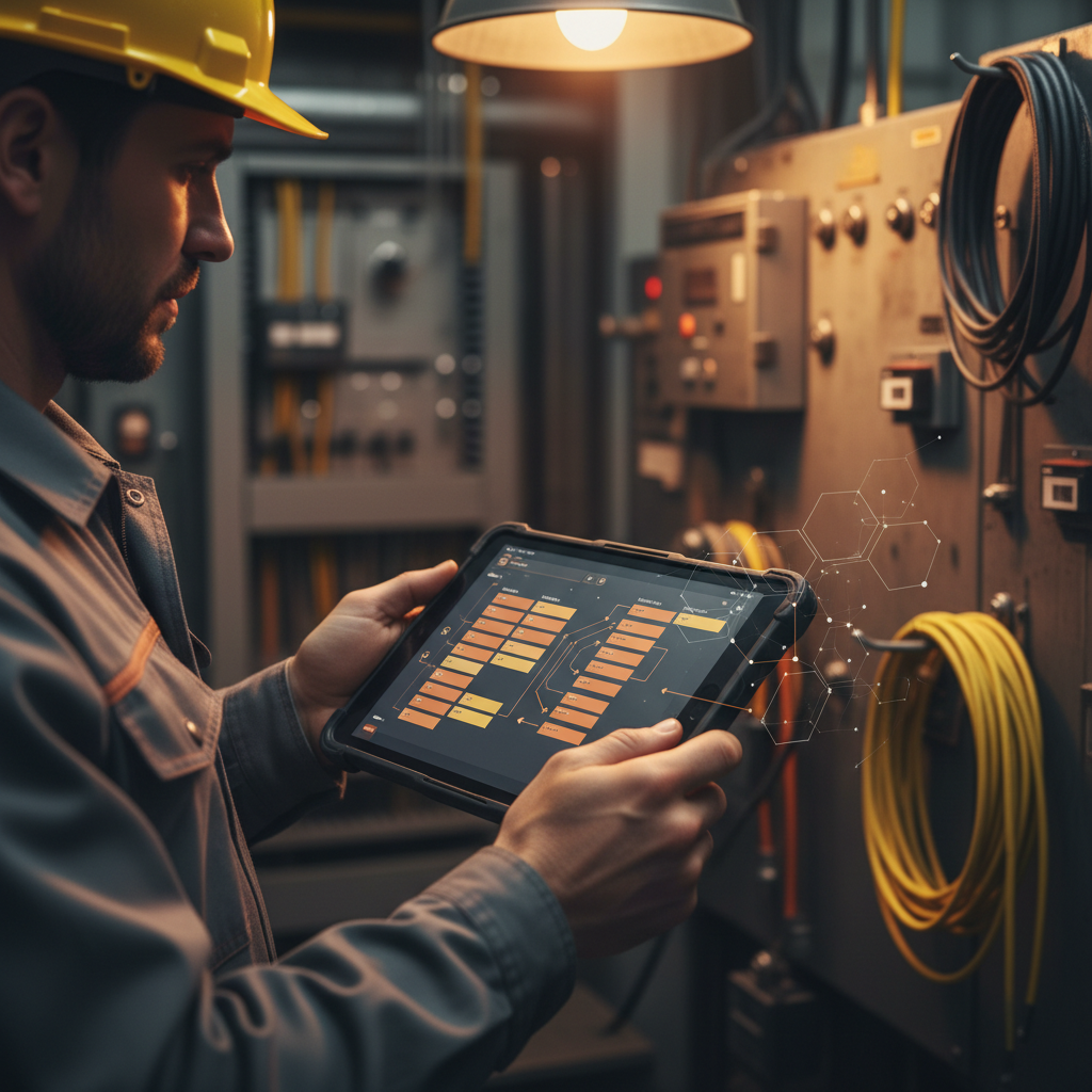 AI Dispatch for Nashville Electricians: Professional scene of an electrician reviewing a tablet with a digital schedule, reflecting AI dispa | innovAIt Media