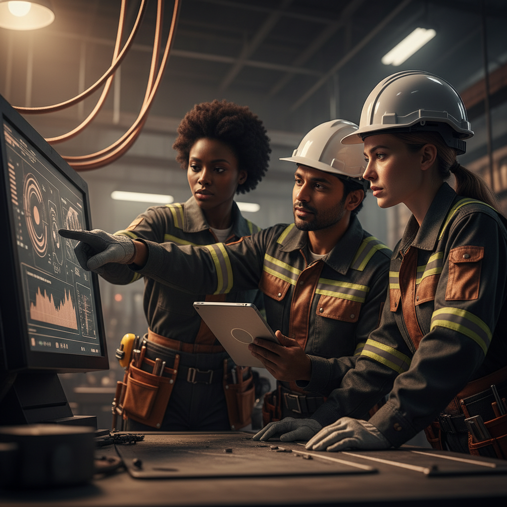 AI Dispatch for Nashville Electricians: Close-up of a diverse team of electricians collaborating in a modern office, one pointing at a digit | innovAIt Media
