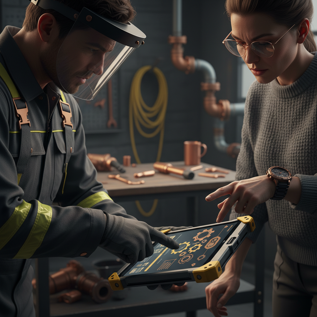 AI Dispatch for Nashville Electricians: Professional technician interacting with a client at their home, both looking at a tablet showing se | innovAIt Media