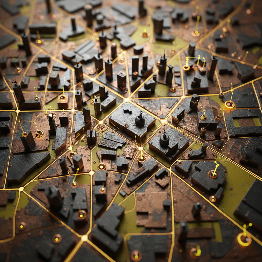 AI Dispatch for Nashville Electricians: Top-down view of a city map with animated digital routes and data points, symbolizing AI optimizatio | innovAIt Media