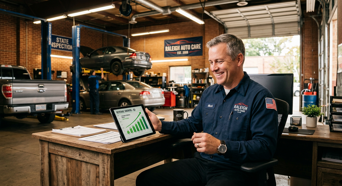Auto Repair Shop business owner seeing AI marketing results in Raleigh, North Carolina