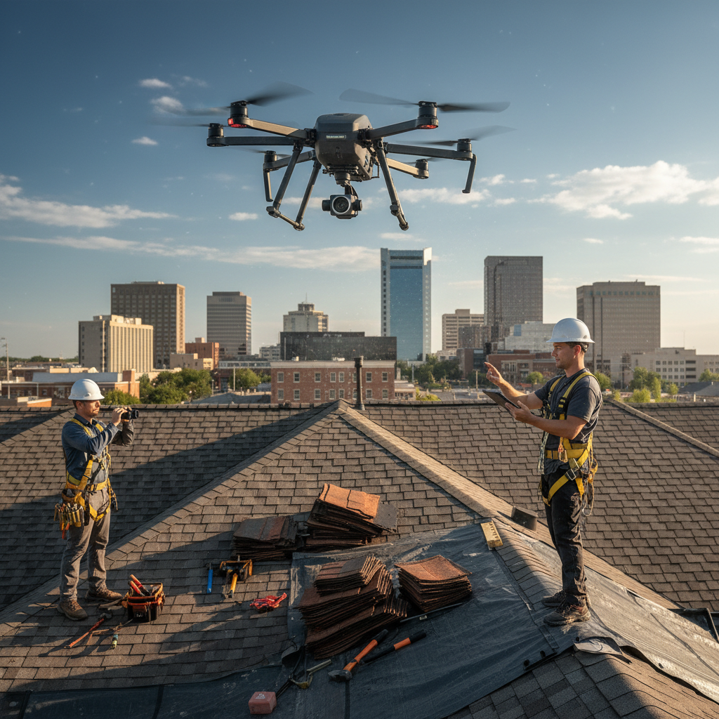 Bentonville's Roofing: Can AI Enhance Customer Acquisition? Bentonville's Roofing: Can AI Enhance Customer Acquisition?: Professional photo of a drone flying over a residential roof inspection, with downtown Bentonville i | innovAIt Media