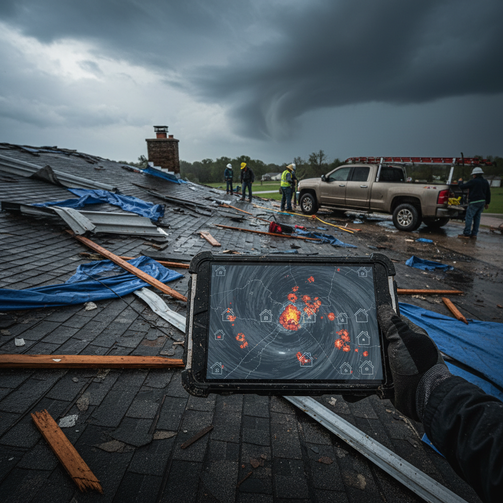 Bentonville's Roofing: Can AI Enhance Customer Acquisition? Bentonville's Roofing: Can AI Enhance Customer Acquisition?: Professional photo of a storm radar map overlaid with property damage hotspots, viewed on a tablet | innovAIt Media