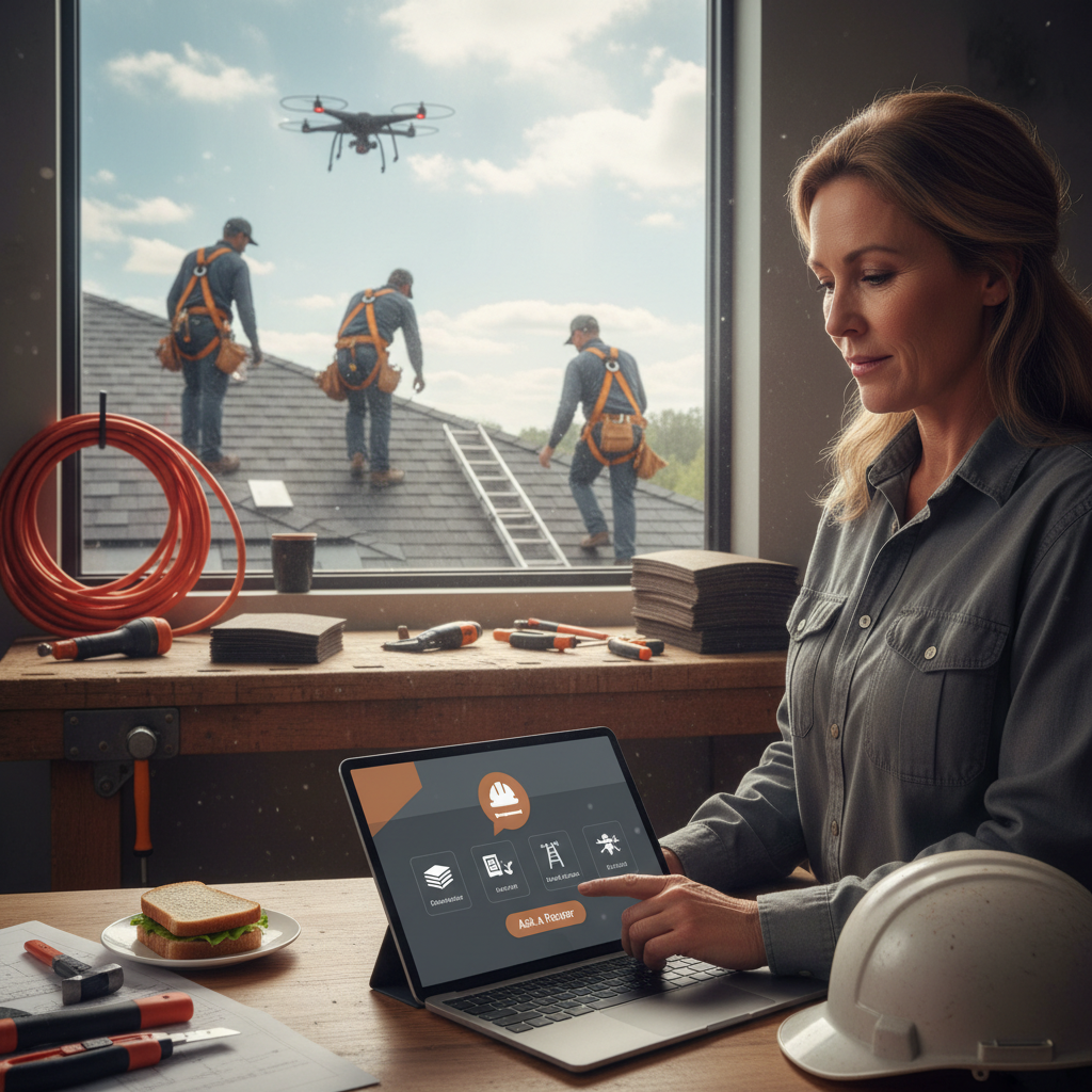 Bentonville's Roofing: Can AI Enhance Customer Acquisition? Bentonville's Roofing: Can AI Enhance Customer Acquisition?: Professional photo of a homeowner interacting with an AI chatbot on a roofing company's website, on | innovAIt Media