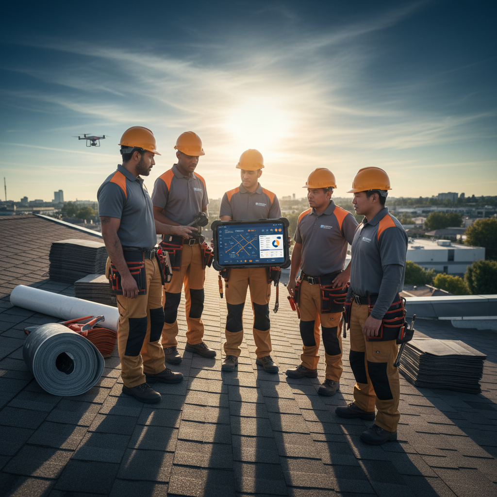 Bentonville's Roofing: Can AI Enhance Customer Acquisition? Bentonville's Roofing: Can AI Enhance Customer Acquisition?: Professional photo of a diverse team of roofing professionals reviewing a digital dashboard displayi | innovAIt Media