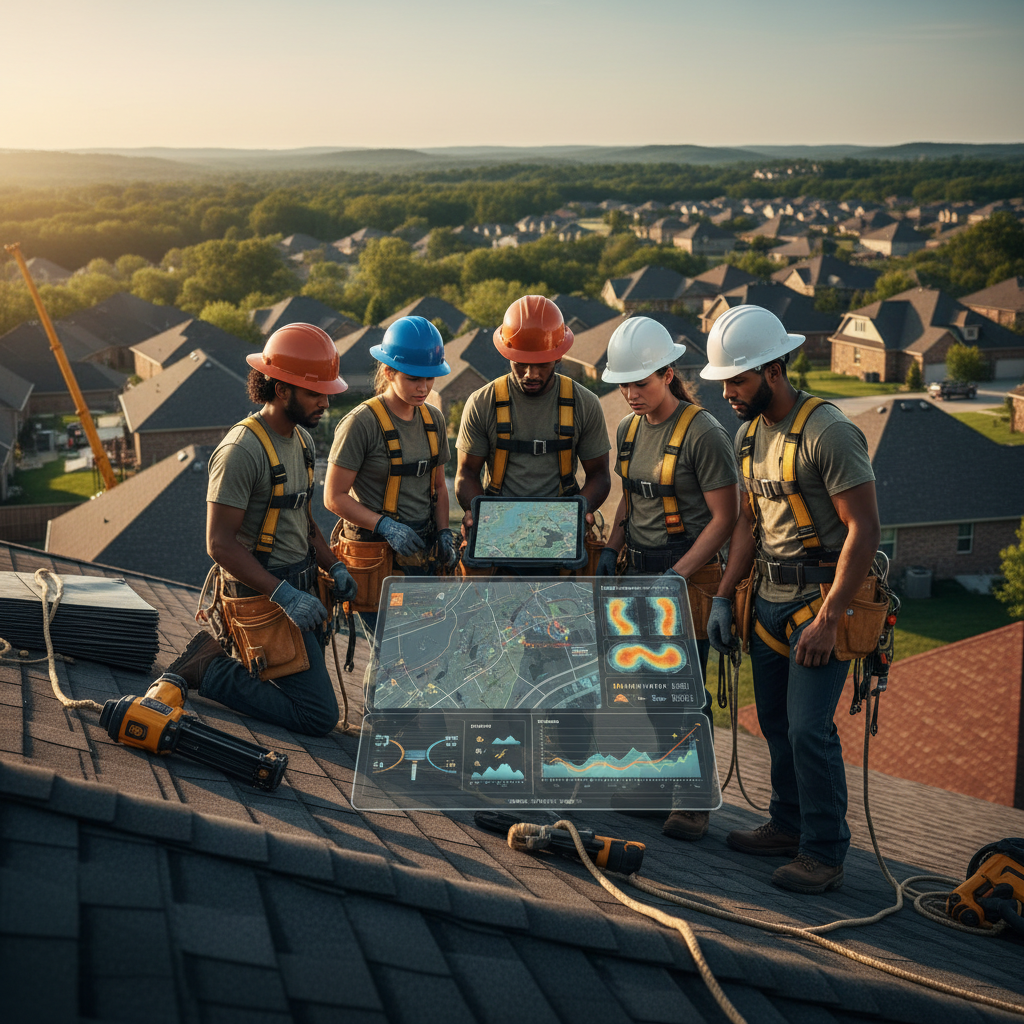 Bentonville's Roofing: Can AI Enhance Customer Acquisition? Bentonville's Roofing: Can AI Enhance Customer Acquisition?: A professional and diverse team of roofers reviewing a digital tablet with AI analytics displayed ov | innovAIt Media