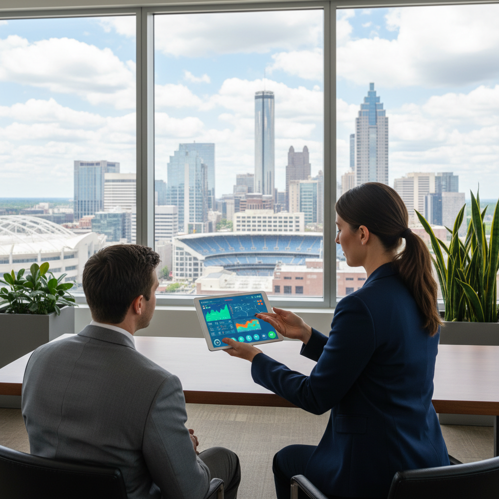 Best AI Market Analysis Strategies for Atlanta Property Listings: A professional real estate agent using a tablet to showcase AI-powered market analysis data to a cli | innovAIt Media