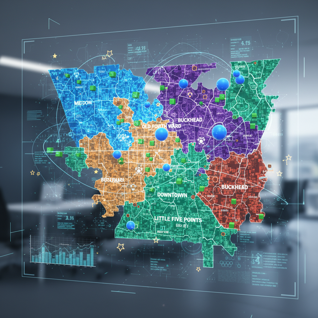 Best AI Market Analysis Strategies for Atlanta Property Listings: A detailed digital map of Atlanta highlighting different neighborhoods with overlayed data points sh | innovAIt Media