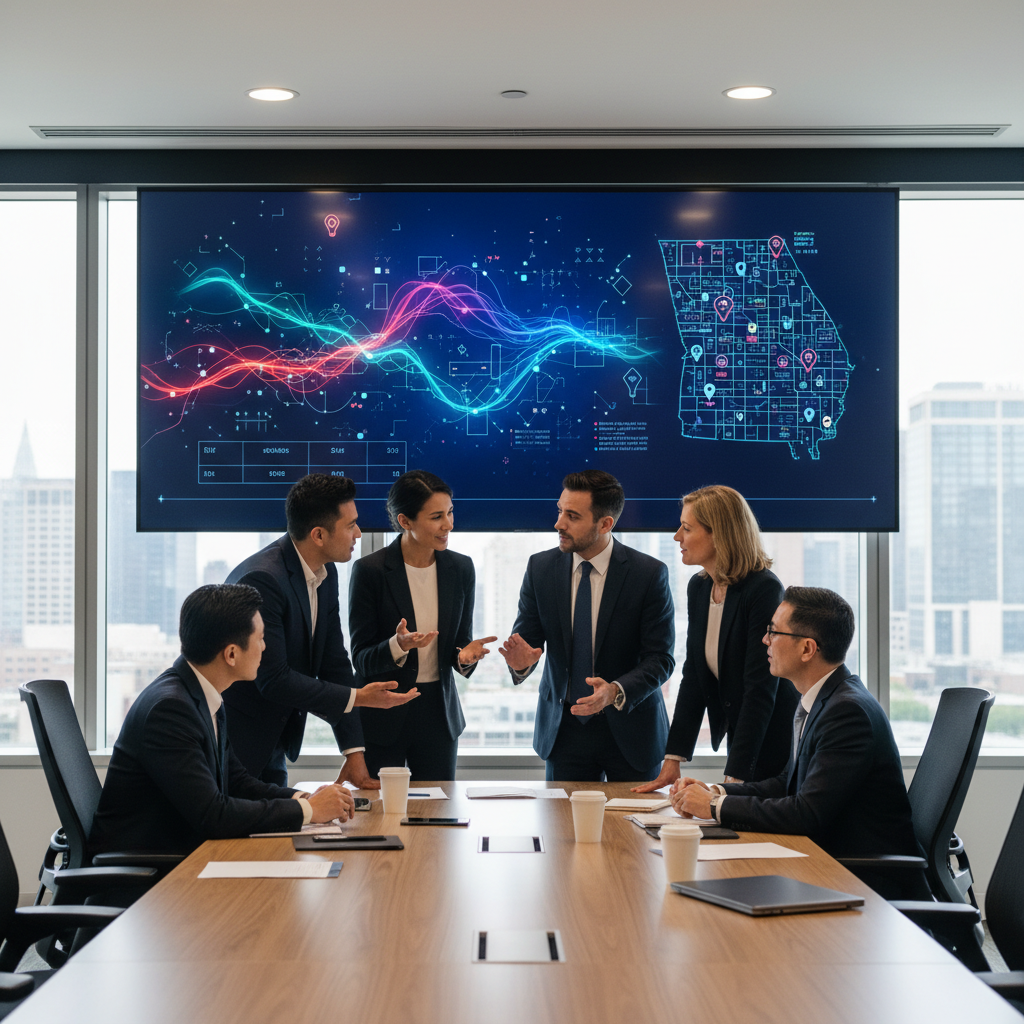 Best AI Market Analysis Strategies for Atlanta Property Listings: A group of diverse real estate professionals collaborating around a large screen displaying AI-gener | innovAIt Media