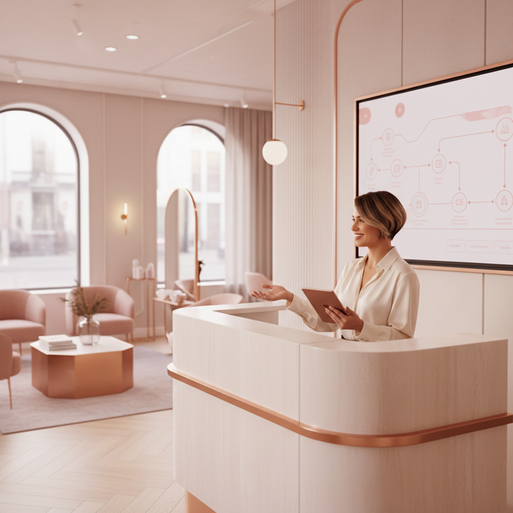 Best AI Strategies for Washington High-End Hair Salons Best AI Strategies for Washington High-End Hair Salons: A sleek, modern salon reception area with a digital display showing an AI-powered scheduling interfa | innovAIt Media