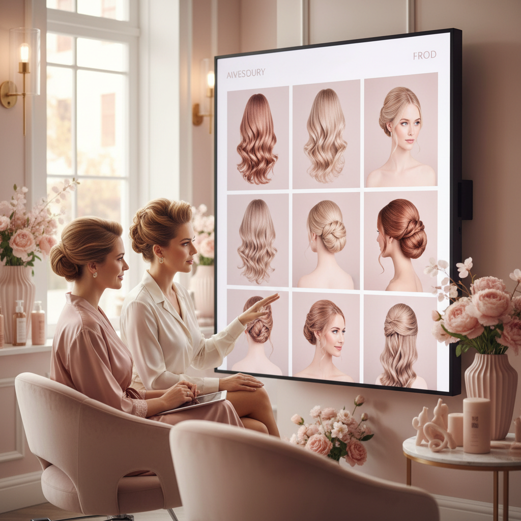 Best AI Strategies for Washington High-End Hair Salons Best AI Strategies for Washington High-End Hair Salons: A stylist and client reviewing a digital mood board created by AI on a large screen, showing various | innovAIt Media