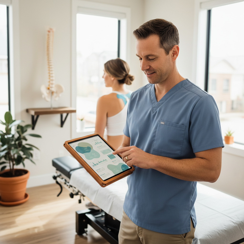Can AI Actually Help a Sarasota Chiropractor Rank Locally? Can AI Actually Help a Sarasota Chiropractor Rank Locally?: A professional chiropractor using a tablet with AI-powered analytics displaying patient data. | innovAIt Media