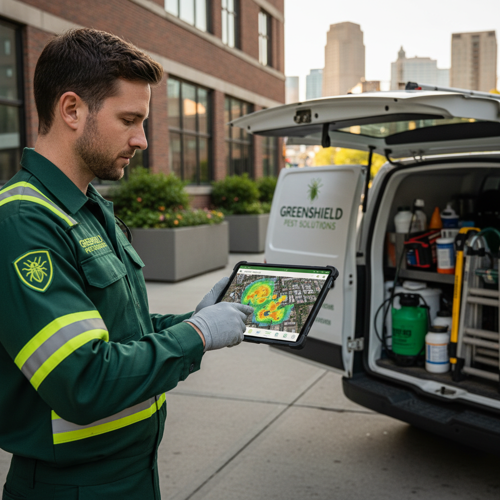 Can AI Really Work for Pest Control in Boise, ID?: A professional shot of a pest control technician using a tablet with a sophisticated AI interface, s | innovAIt Media