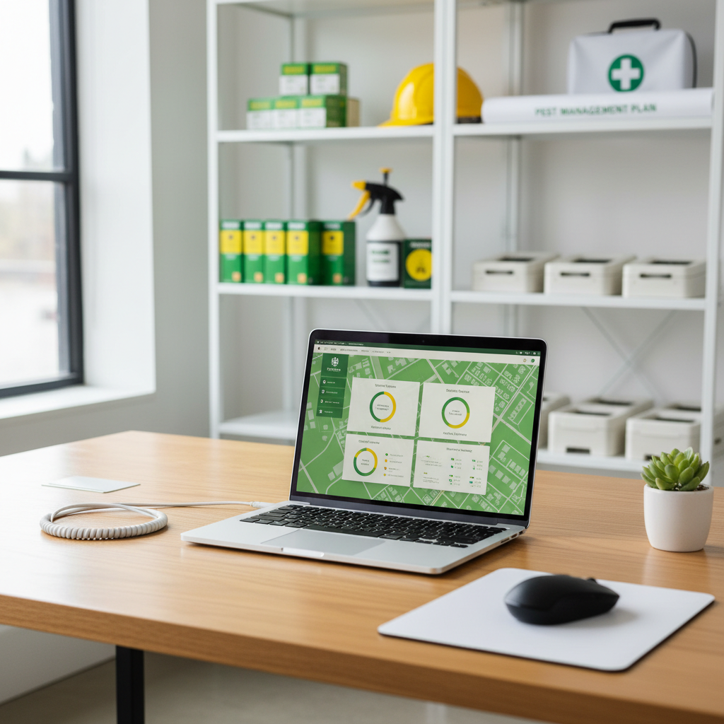 Can AI Really Work for Pest Control in Boise, ID?: A clean, modern office desk with a laptop displaying a compliance dashboard and pest control supplie | innovAIt Media