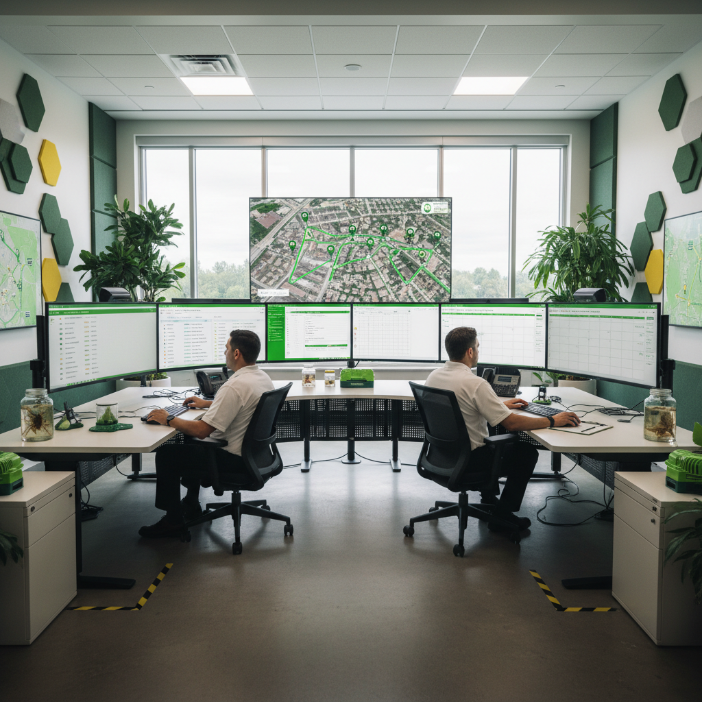 Can AI Really Work for Pest Control in Boise, ID?: A modern pest control dispatcher's control room with multiple screens showing optimized routes and r | innovAIt Media