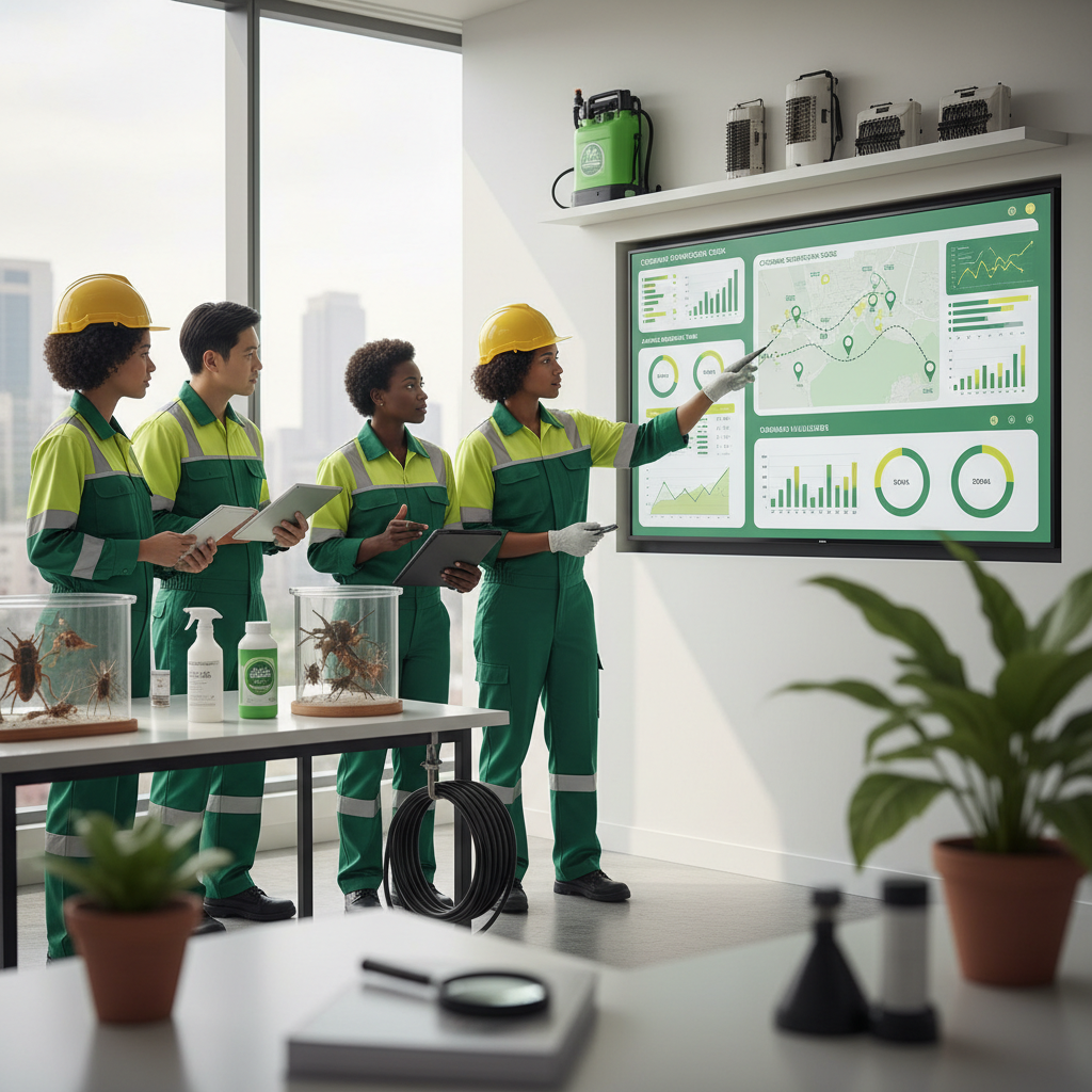 Can AI Really Work for Pest Control in Boise, ID?: A diverse team of pest control professionals collaborating in a modern office, reviewing an AI-gener | innovAIt Media