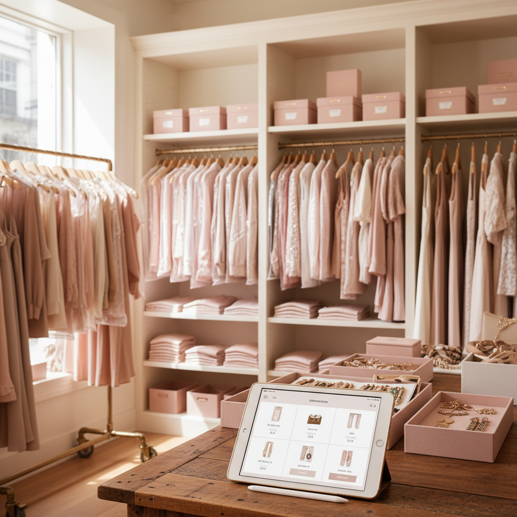 Can AI Really Work for Portland ME Clothing Boutiques? Can AI Really Work for Portland ME Clothing Boutiques?: Professional photo of an organized clothing boutique stockroom with a tablet displaying inventory da | innovAIt Media