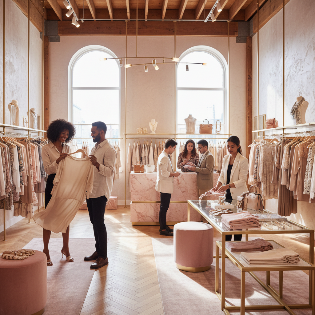 Can AI Really Work for Portland ME Clothing Boutiques? Can AI Really Work for Portland ME Clothing Boutiques?: Professional photo of a diverse group of people shopping in a bustling, modern clothing boutique in | innovAIt Media