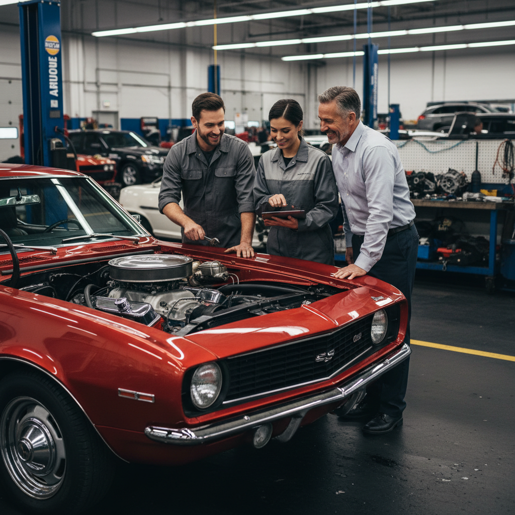 Can GMB Optimization Truly Boost Memphis Auto Shops?: Professional photo of two mechanics discussing a repair with a happy customer | innovAIt Media