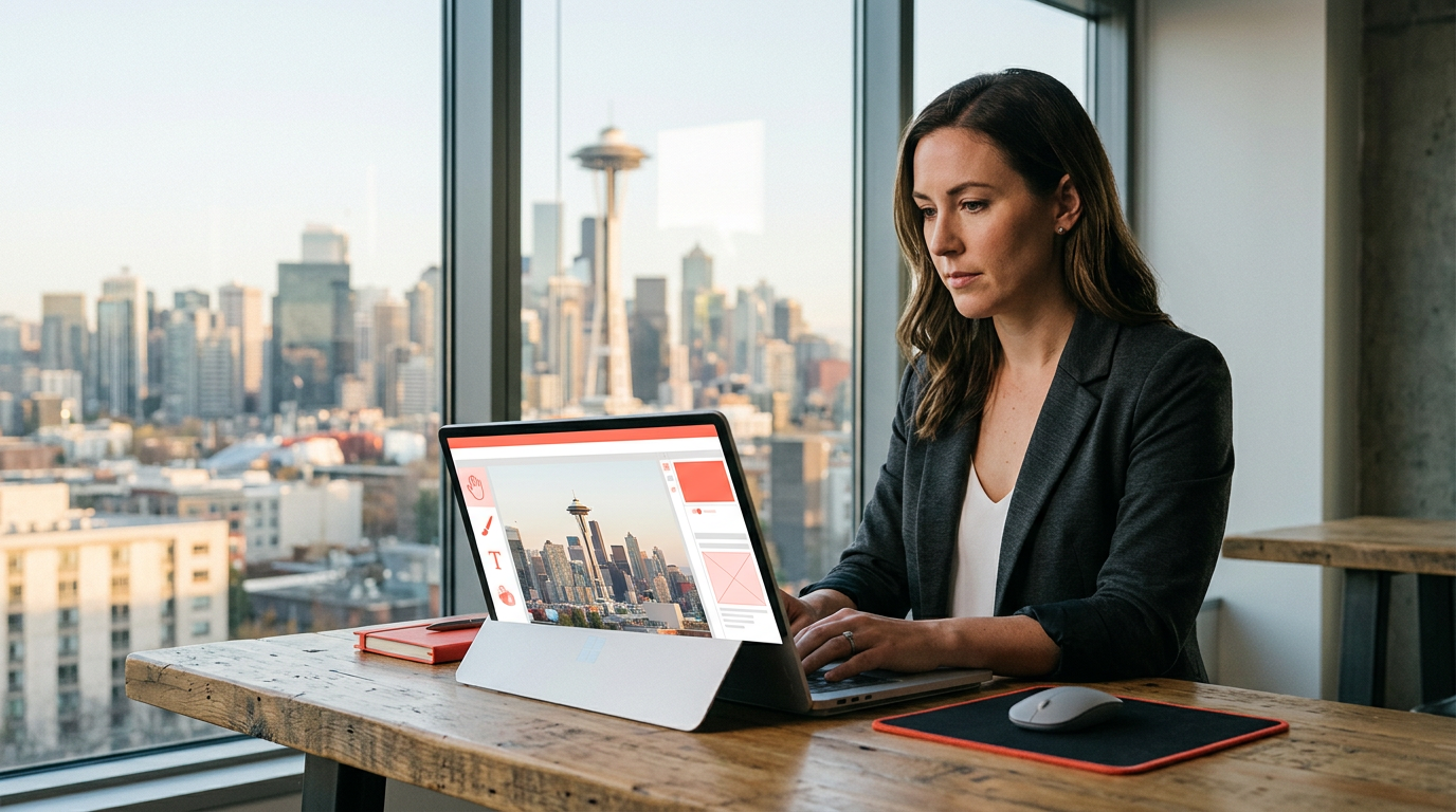 Canva Magic Studio: Broken Agency Promises & Real ROI for Small Businesses: A professional visual of Seattle'skyline with a transparent overlay depicting Canva Magic Studio's | innovAIt Media