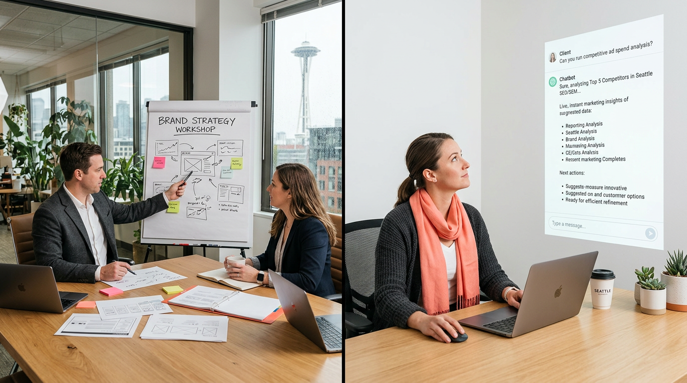 Canva Magic Studio: Broken Agency Promises & Real ROI for Small Businesses: A split screen showing a traditional business interaction one side and a modern, AI-assisted chat | innovAIt Media