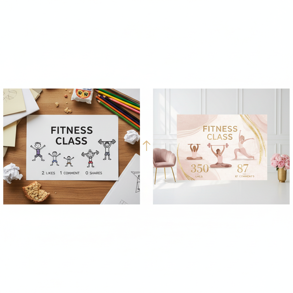 DeepSeek-V3.2 vs. Canva Magic Studio: My Boutique Gym SEO Test: A split graphic contrasting a bland, manually-made social media graphic with a vibrant, AI-generated | innovAIt Media