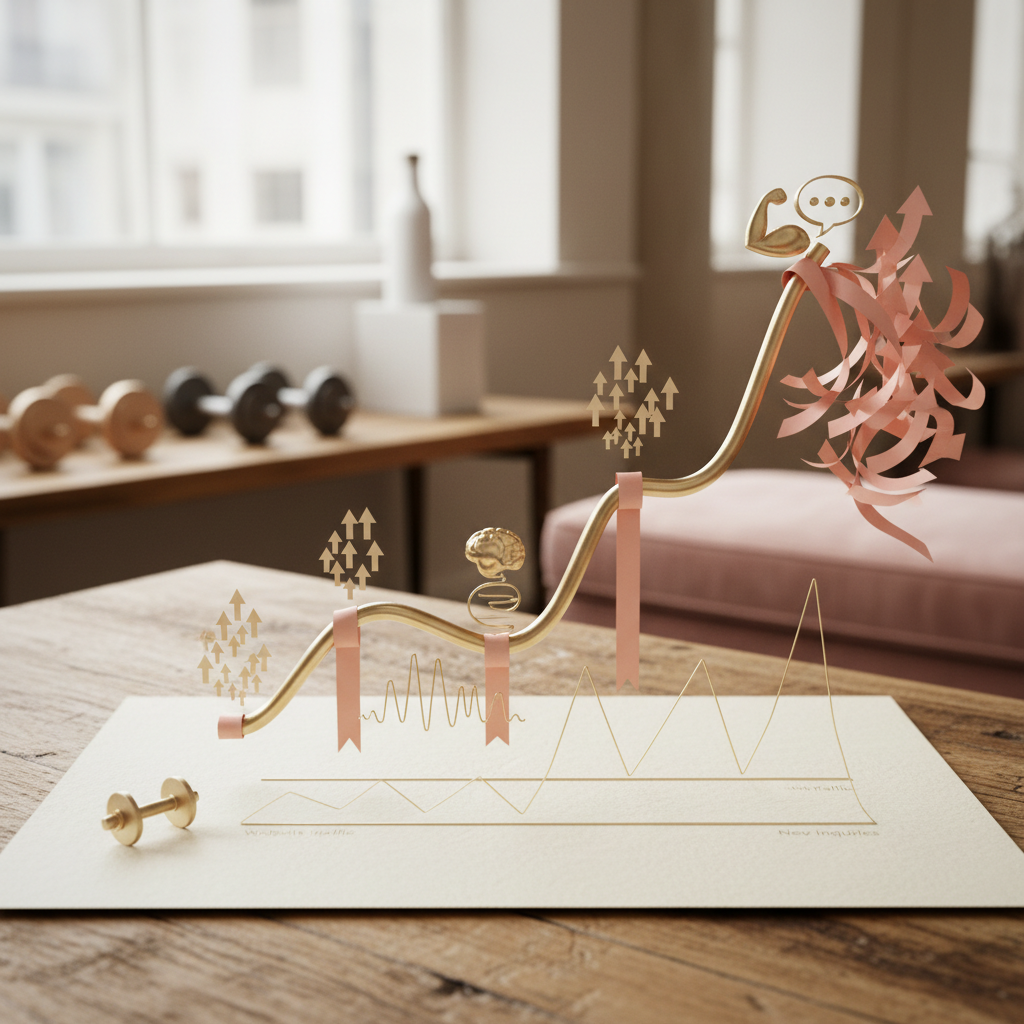 DeepSeek-v3.2 vs. Canva Magic Studio: My Boutique Gym SEO Test: An infographic showing the growth trajectory of 'The Grit Gym' in Omaha, NE, with markers for AI imp | innovAIt Media