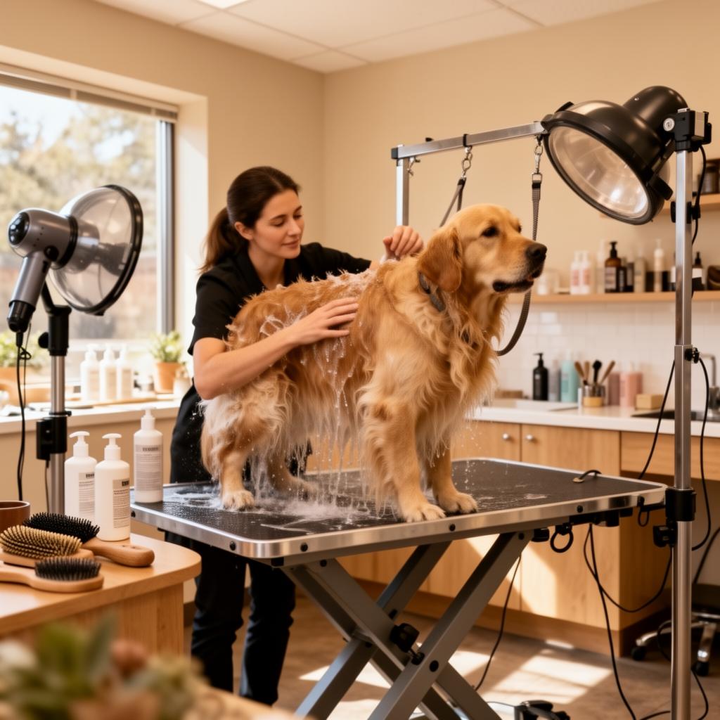 Professional pet grooming salon in Denver, CO with groomer bathing a golden retriever — AI customer retention guide by innovAIt Media
