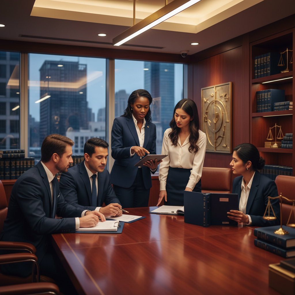 Do Albuquerque Family Lawyers Actually Use AI for CRM?: Professional photo of a diverse legal team collaborating in a modern law office setting, with one at | innovAIt Media