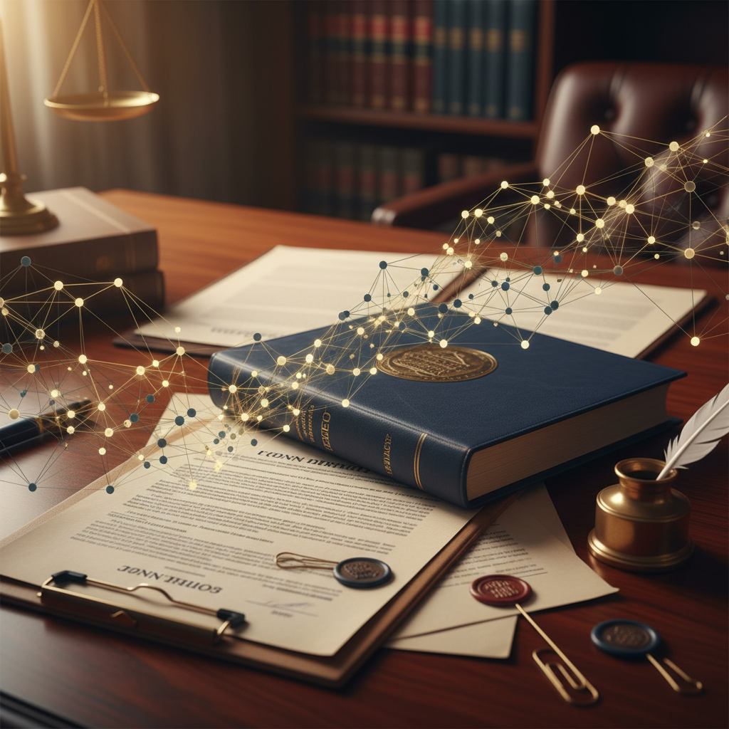 Do Albuquerque Family Lawyers Actually Use AI for CRM?: Close-up of legal documents on a desk with a glowing, abstract AI network overlay, symbolizing integ | innovAIt Media