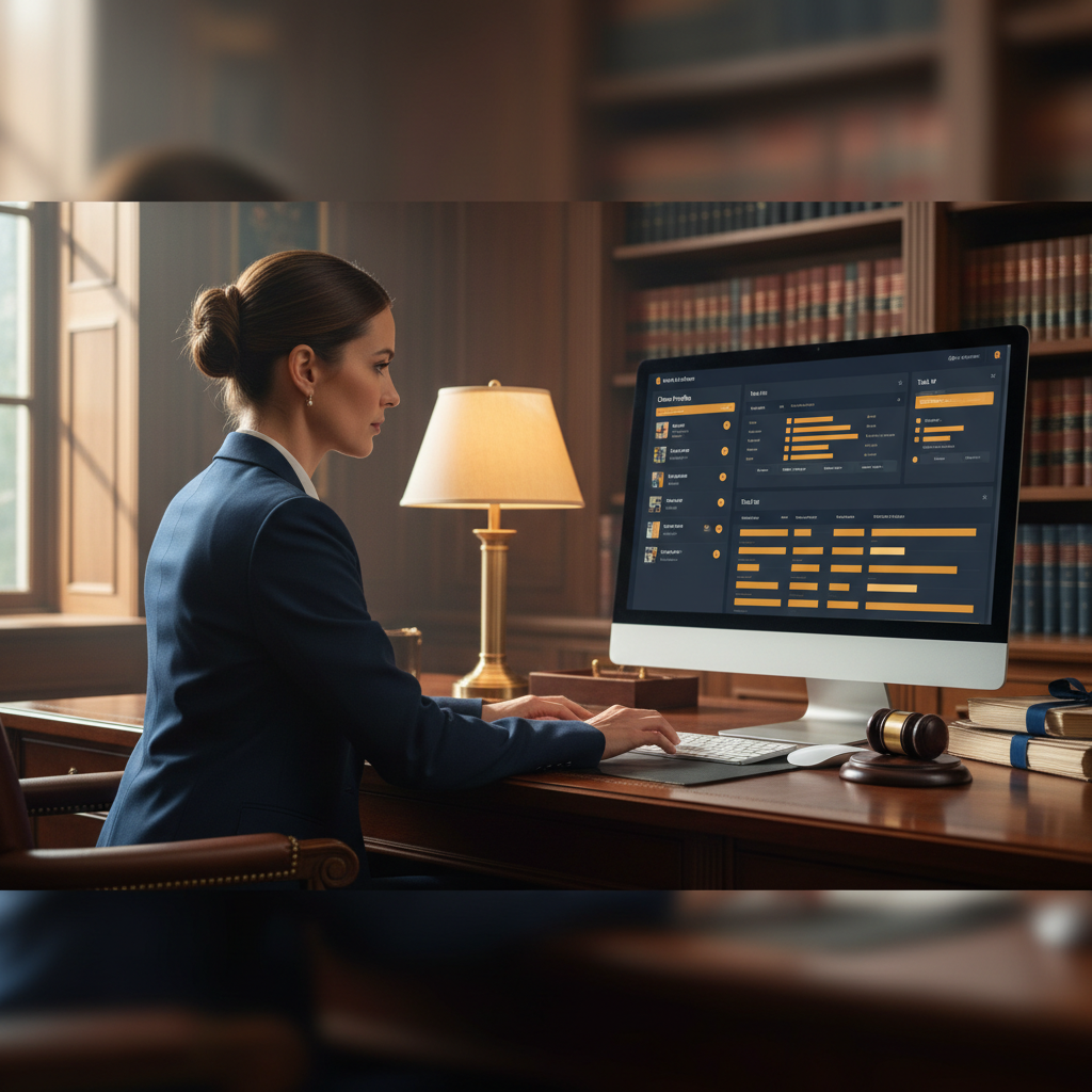 Do Albuquerque Family Lawyers Actually Use AI for CRM?: A busy attorney looking at a CRM dashboard on a computer, showing client profiles and task lists. | innovAIt Media