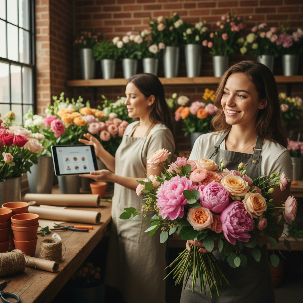 Do Eugene OR Florists Even Need AI Anymore? Do Eugene OR Florists Even Need AI Anymore?: A professional photo of a satisfied customer receiving a bespoke floral arrangement, while a florist | innovAIt Media