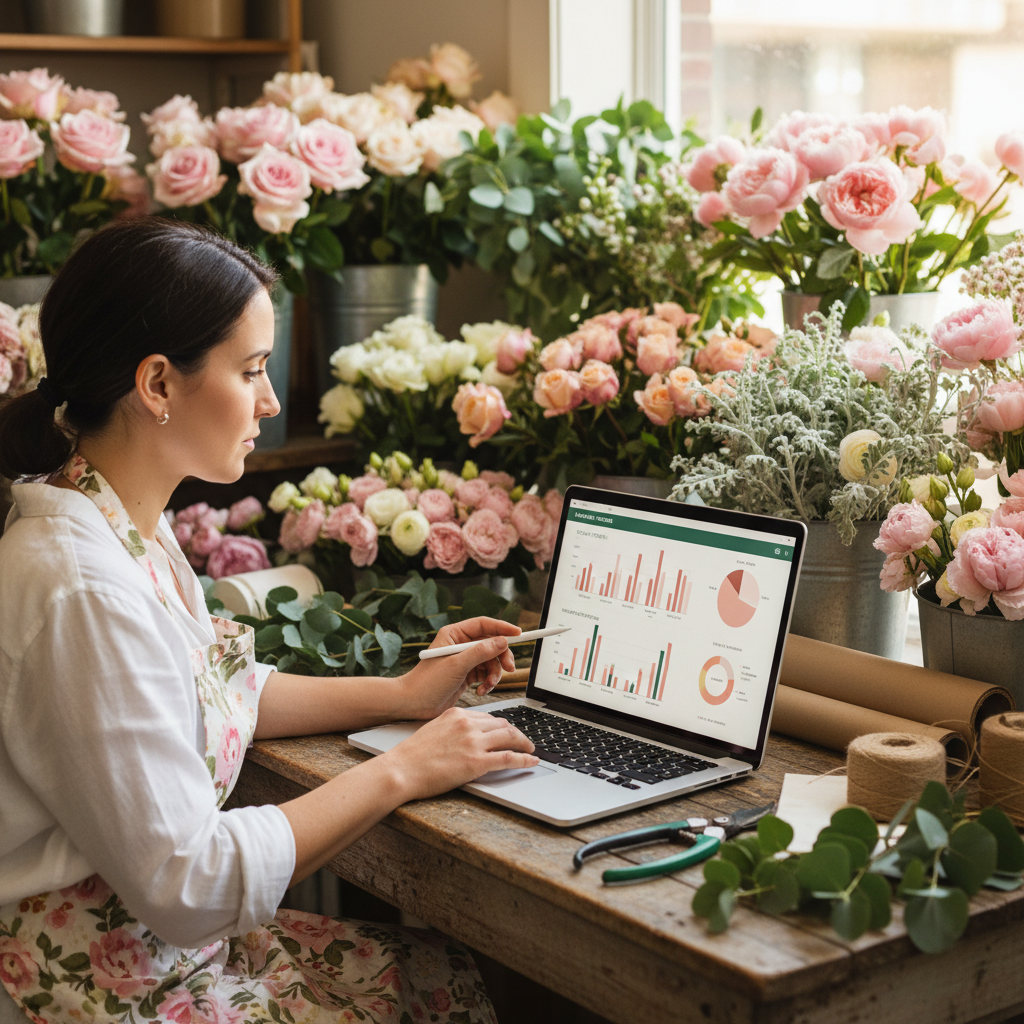 Do Eugene OR Florists Even Need AI Anymore? Do Eugene OR Florists Even Need AI Anymore?: A professional image of a florist owner reviewing sales analytics and profit margins on a laptop, wi | innovAIt Media
