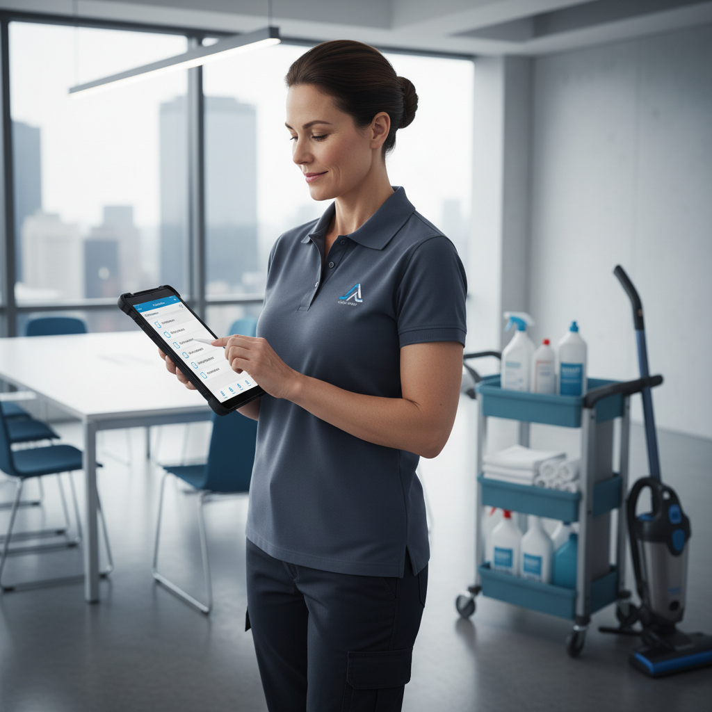 Do Houston Commercial Cleaners Actually Use AI? The 2026 Reality Check Do Houston Commercial Cleaners Actually Use AI? The 2026 Reality Check: Professional photo of a commercial cleaning supervisor using a tablet to manage tasks | innovAIt Media