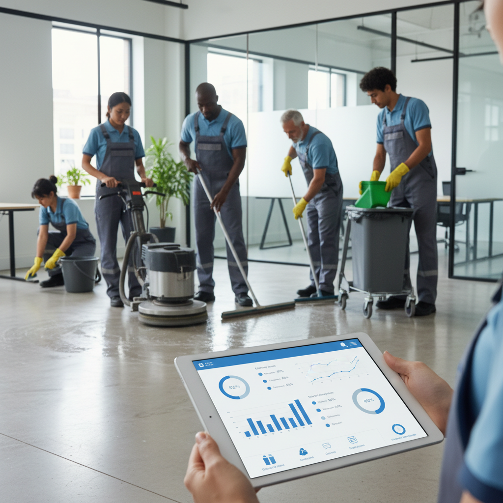 Do Houston Commercial Cleaners Actually Use AI? The 2026 Reality Check Do Houston Commercial Cleaners Actually Use AI? The 2026 Reality Check: Group of diverse cleaners working on a floor, with a tablet displaying analytics in the foreground | innovAIt Media