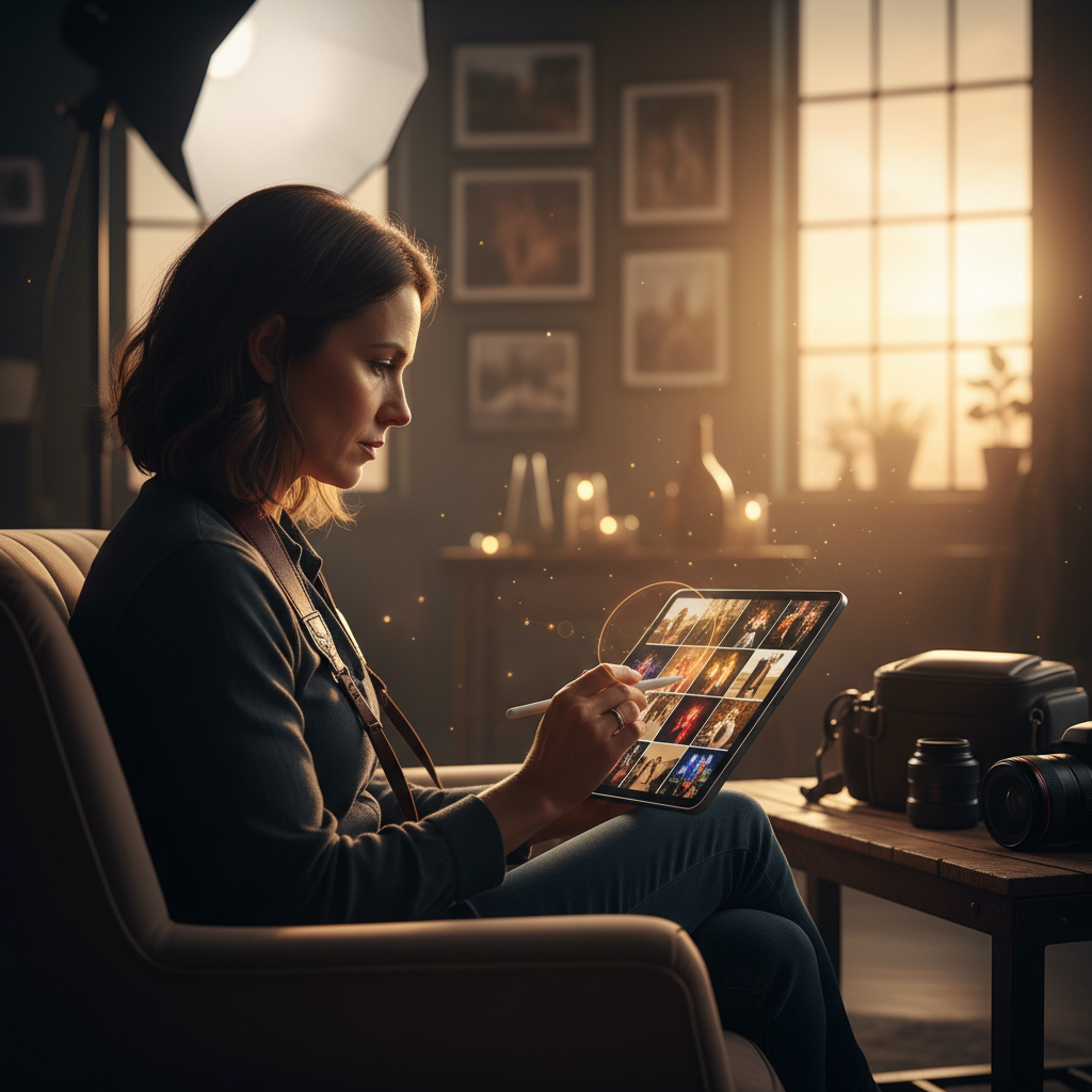 Do , Event Photographers Actually Use AI? The 2026 Reality Check: Professional photo of an event photographer reviewing Culling AI software on a tablet | innovAIt Media