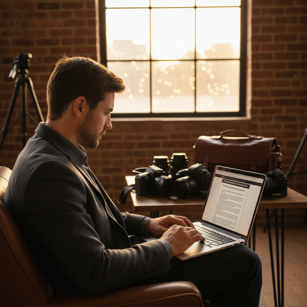 Do , Event Photographers Actually Use AI? The 2026 Reality Check: Professional photo of an event photographer consulting a compliance policy document on a laptop | innovAIt Media