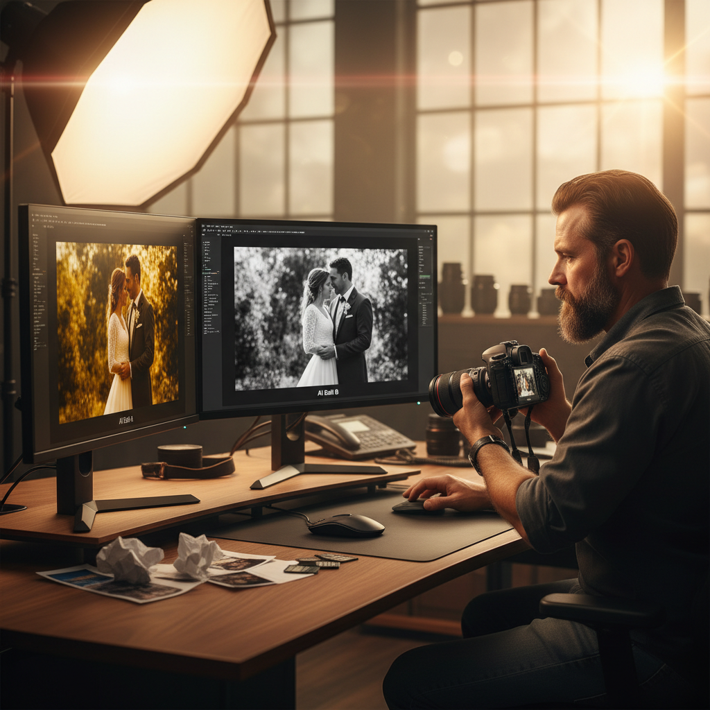Do , Event Photographers Actually Use AI? The 2026 Reality Check: Professional photo of an event photographer comparing output from different AI editing tools on a du | innovAIt Media