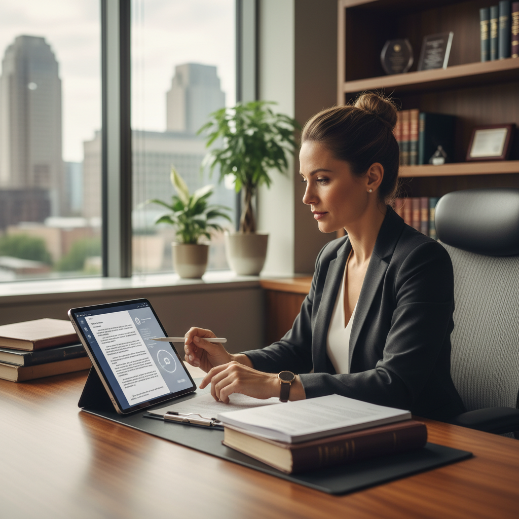 The Role of AI in Family Law Firms: A Reality Check for Columbus, OH The Role of AI in Family Law Firms: A Reality Check for Columbus, OH: Professional photo of a lawyer reviewing documents on a tablet with AI assistance, in a modern, well | innovAIt Media