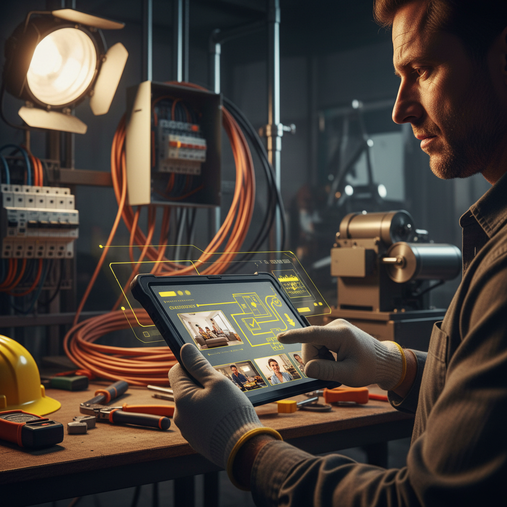 Does My Electrician Need AI? A 2024 Reality Check in Does My Electrician Need AI? A 2024 Reality Check in : A stylized graphic depicting an electrical contractor using a tablet with AI interfaces overlaid, sh | innovAIt Media