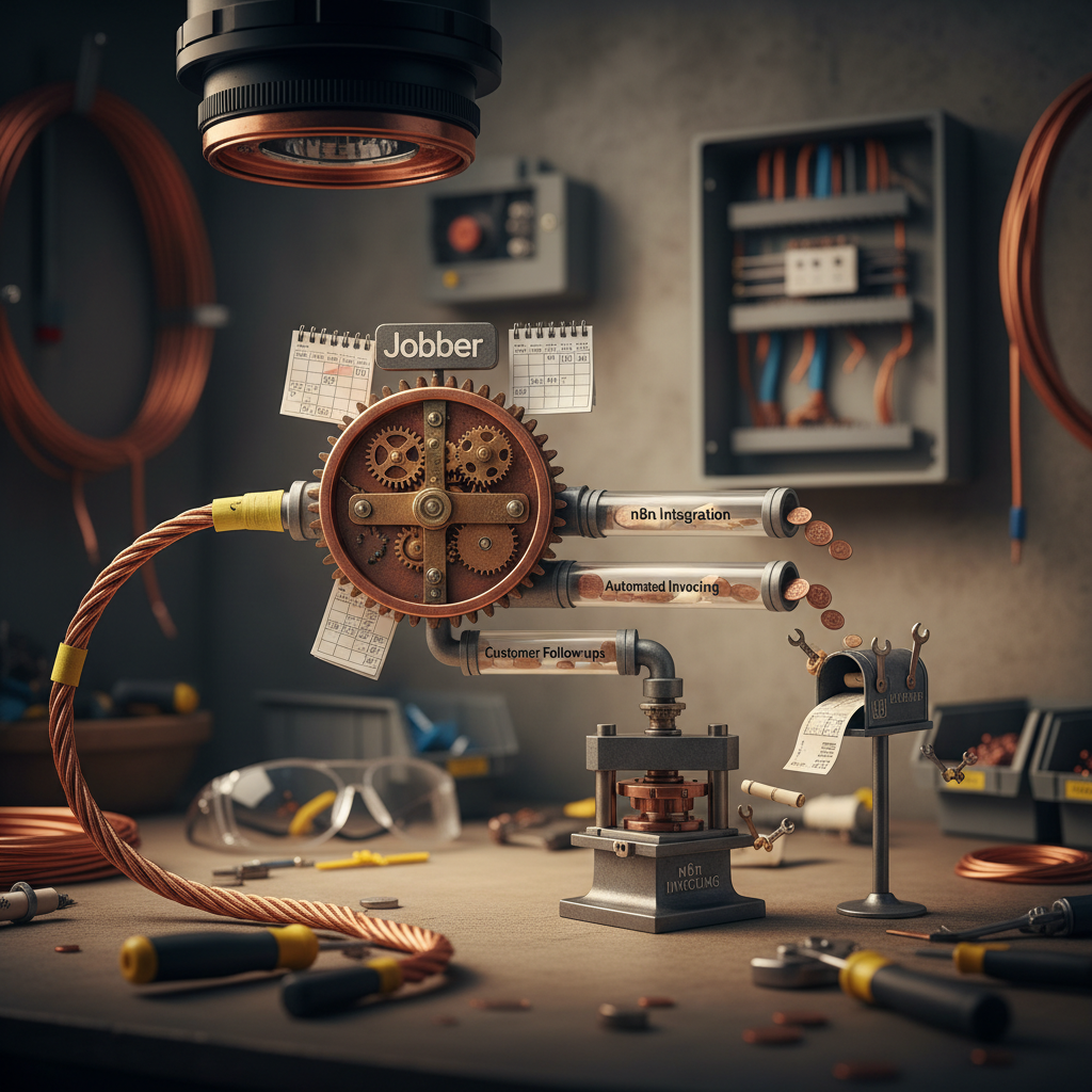 Does My Electrician Need AI? A 2024 Reality Check in Does My Electrician Need AI? A 2024 Reality Check in : A diagram illustrating the workflow of Jobber and n8n integrated, showing data flowing from job sche | innovAIt Media