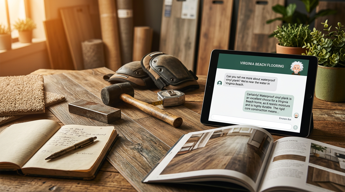 ElevenLabs Voice 3: Juneau Farm-to-Table Needs AI?: A screenshot of an Einstein Bot interacting with a customer on a Virginia Beach flooring company's w | innovAIt Media