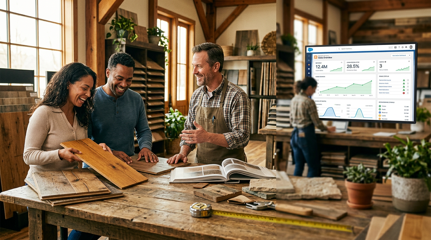 ElevenLabs Voice 3: Juneau Farm-to-Table Needs AI?: A composite image showing happy customers interacting with flooring samples, and a Salesforce Einste | innovAIt Media