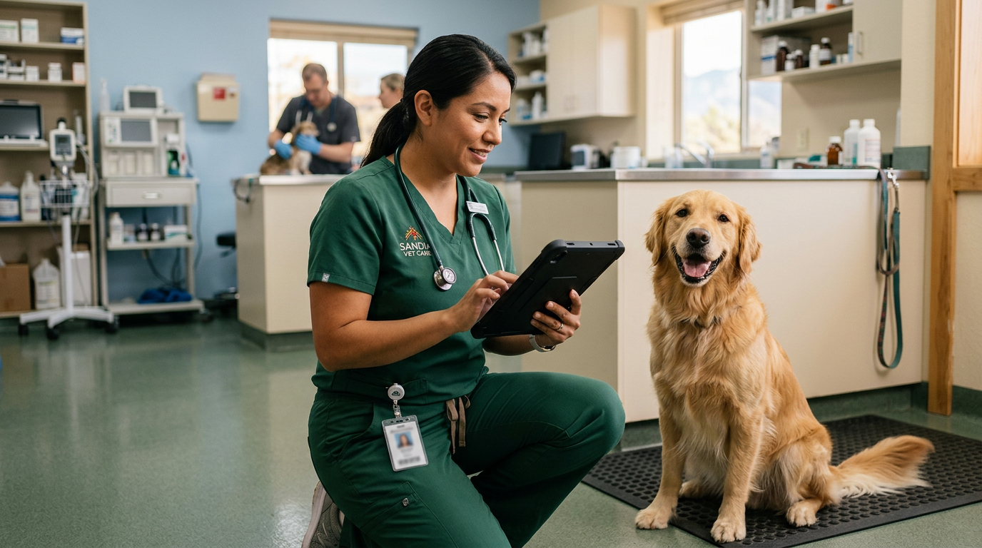 Falcon 3.0 Integration: Are Salons Overlooking AI Search Citations?: A veterinary technician interacting with a tablet displaying an AI chatbot interface, with a happy d | innovAIt Media
