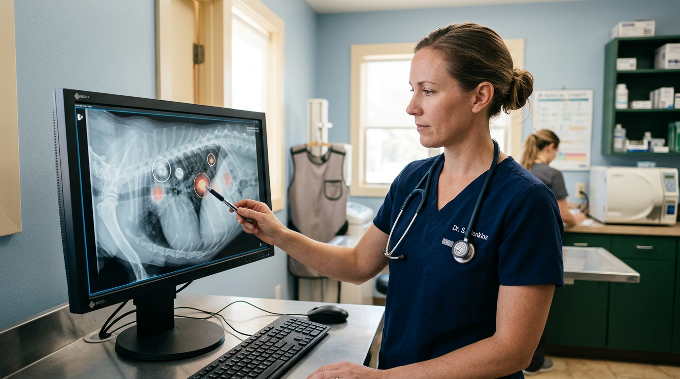 Falcon 3.0 Integration: Are Salons Overlooking AI Search Citations?: A veterinarian reviewing an X-ray on a monitor, with an overlay of AI analysis highlighting potentia | innovAIt Media